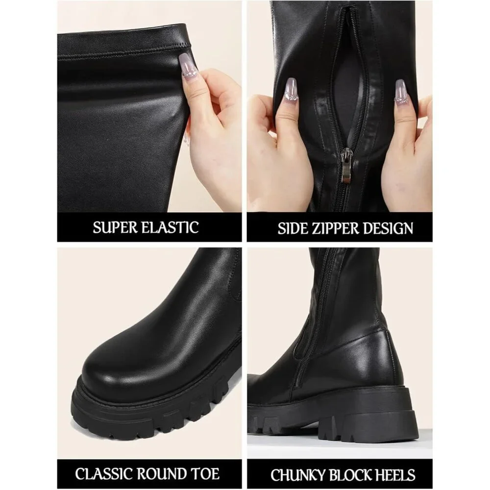 Women's Black Leather High Thigh Over-the-Knee Stretch lug Sole Heel Boot